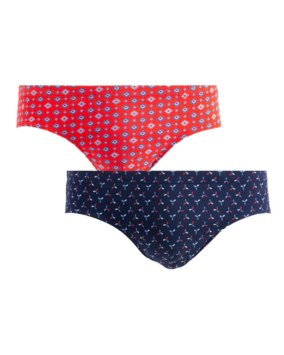 Pack slips taille basse imprimé, lot de 2 slips en coton mercerisé, disponibles en rouge et bleu marine.