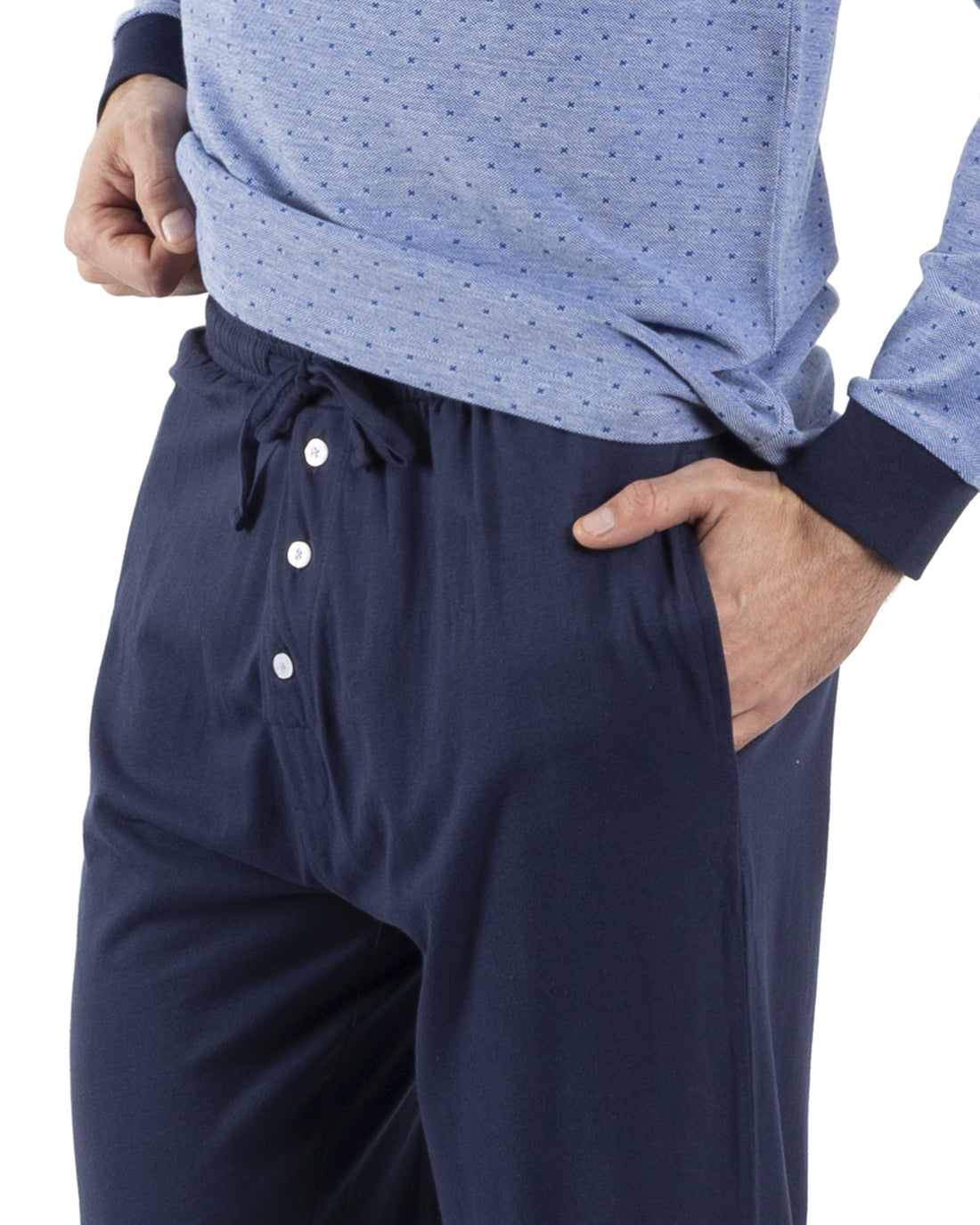 Buttoned Collar Pajamas in NAVY and BLUE Cotton Jersey