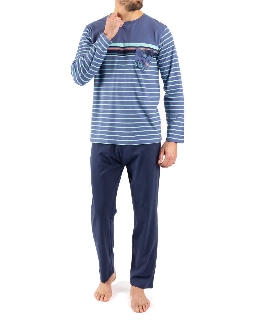 Round Neck Pajamas in NAVY BLUE Cotton Jersey