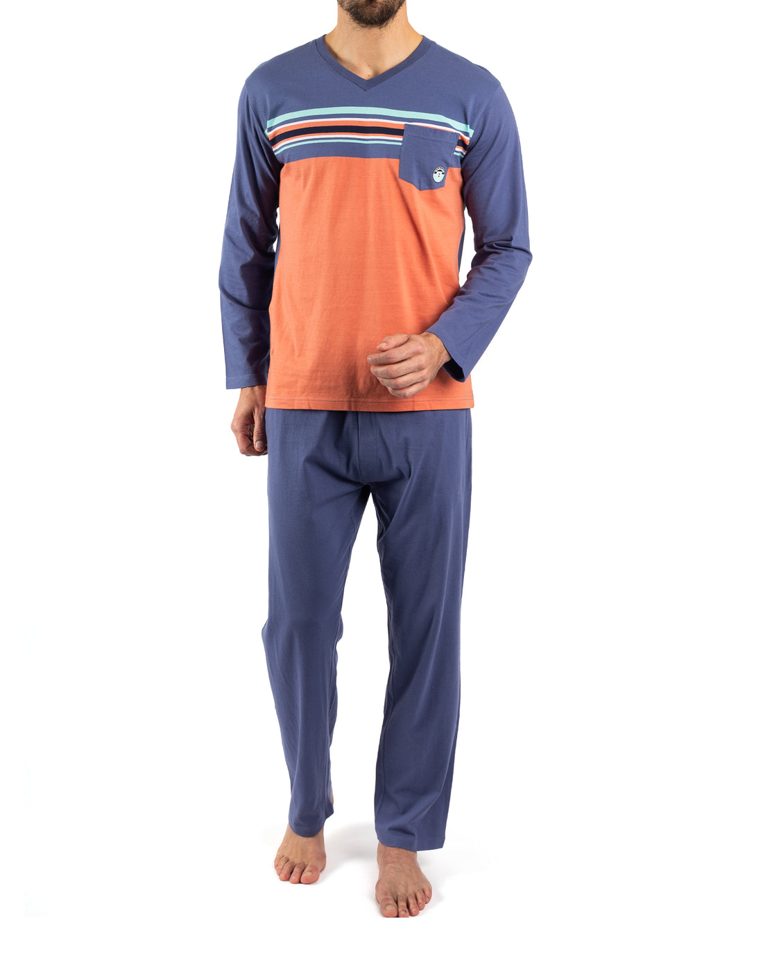 V-Neck Pajamas in Combed Cotton NAVY BLUE