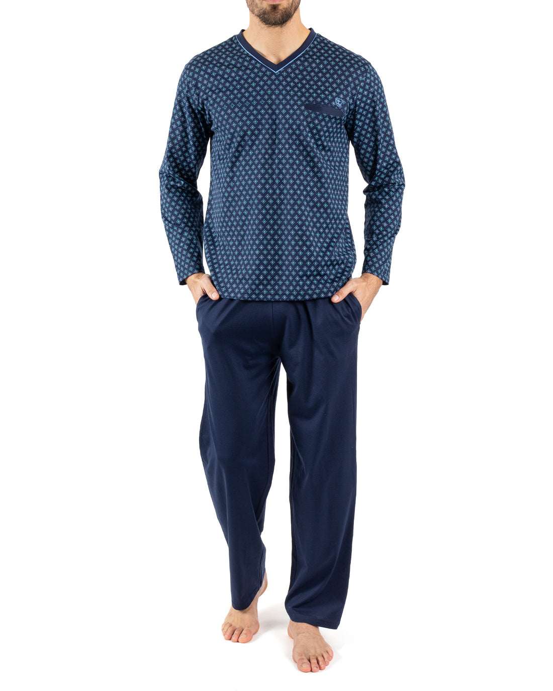 Pyjama Col V en Coton Mercerisé Imprimé MARINE E476
