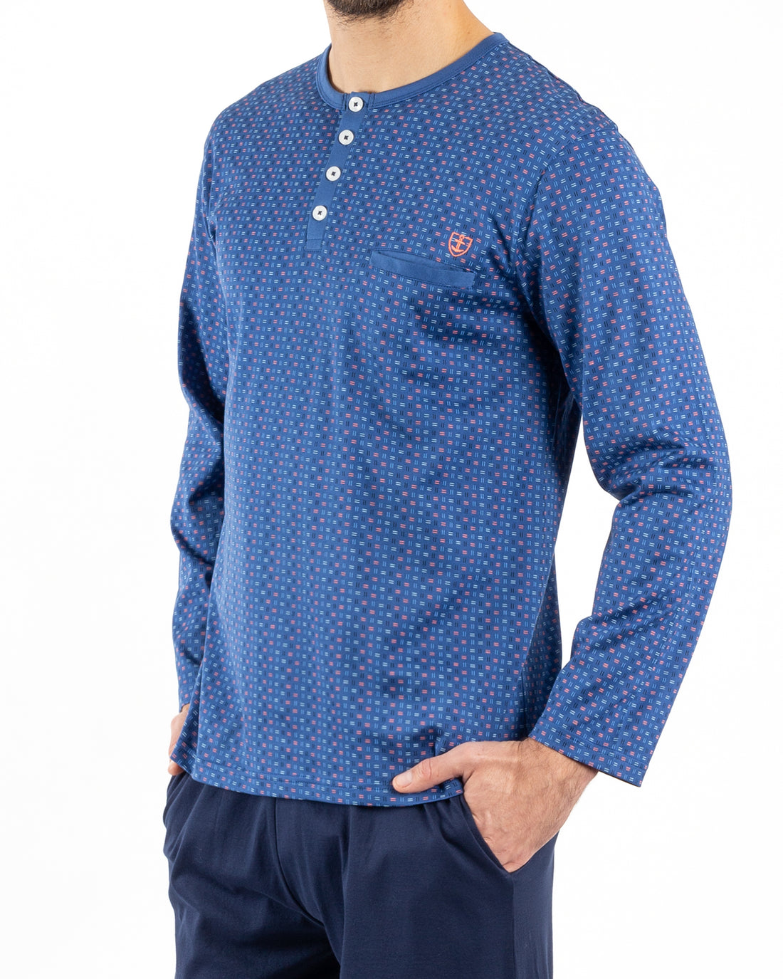 Pyjama Col boutonné en Coton Mercerisé Imprimé BLEU E477