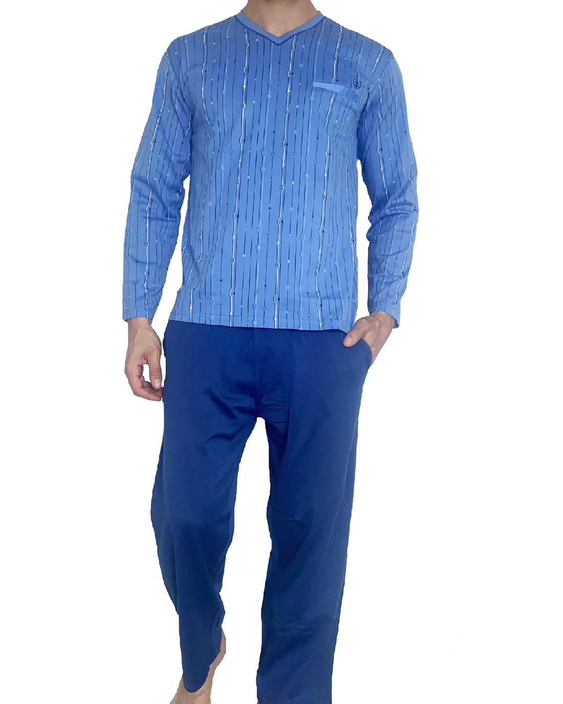 Pajamas in Mercerized Cotton SKY Print V-Neck