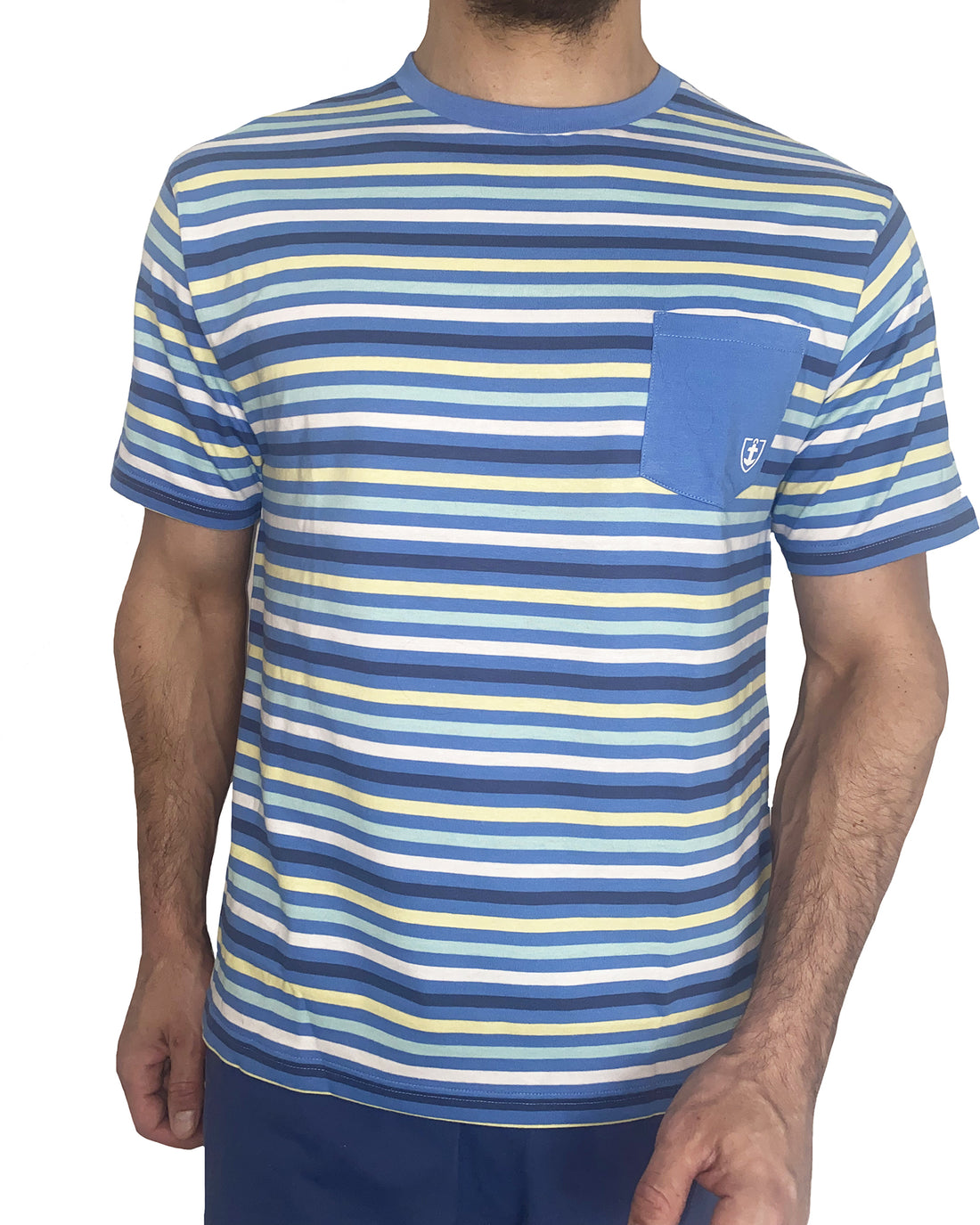 Short Pajamas with Multicolored Blue Stripes in Cotton Jersey