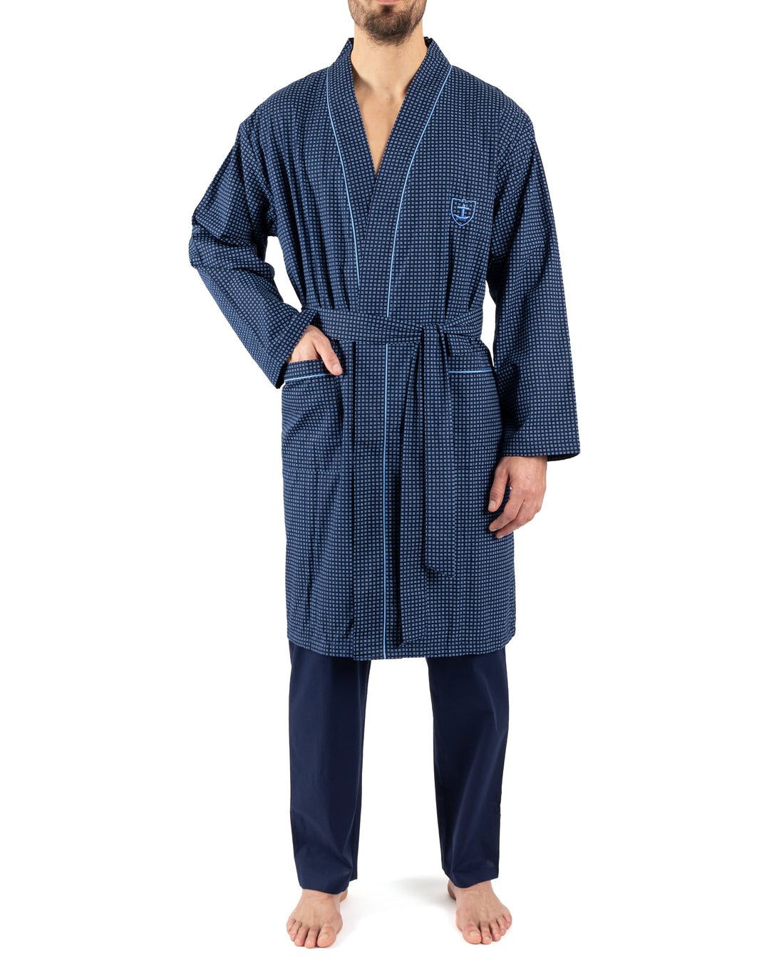 Bathrobe in Pure Cotton Printed Poplin Lined with Sponge NAVY BLUE