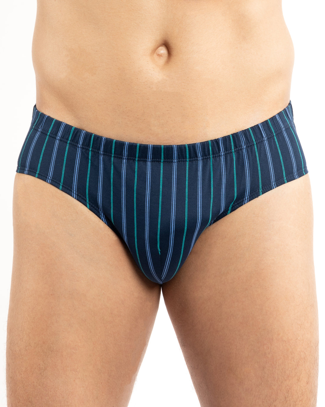 Slip taille basse bleu marine à rayures, faisant partie d’un ensemble de slips élégants en coton mercerisé.