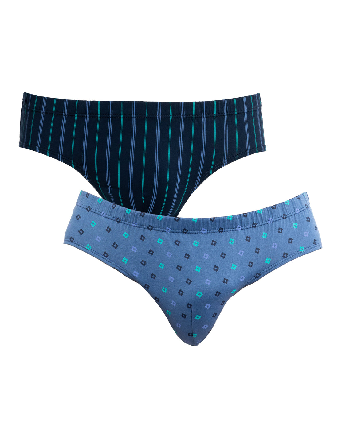 Ensemble de slips taille basse bleu marine et bleu avec imprimés géométriques et rayures.