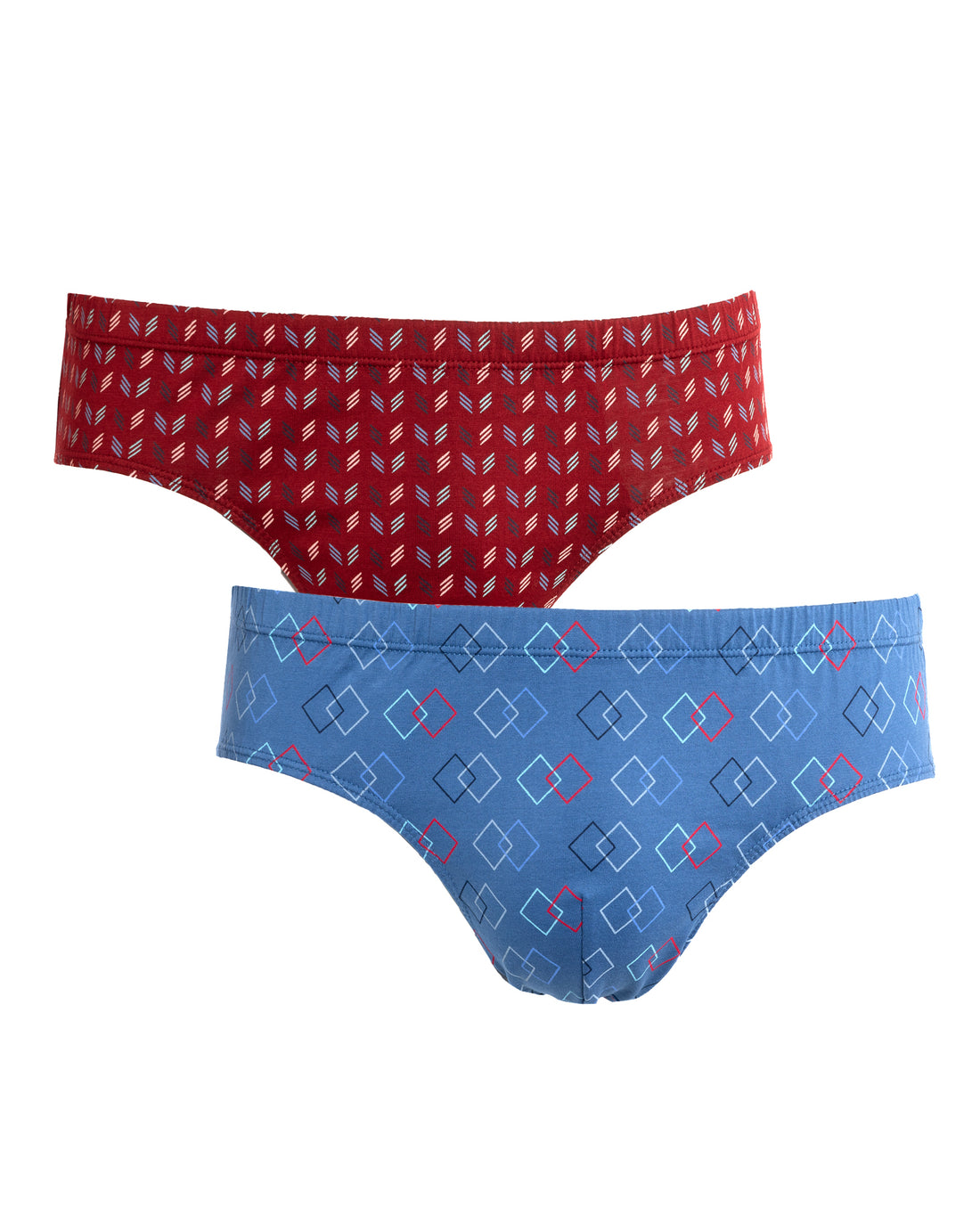 Pack slips taille basse avec imprimés géométriques en bleu et rouge bordeaux, en coton mercerisé.