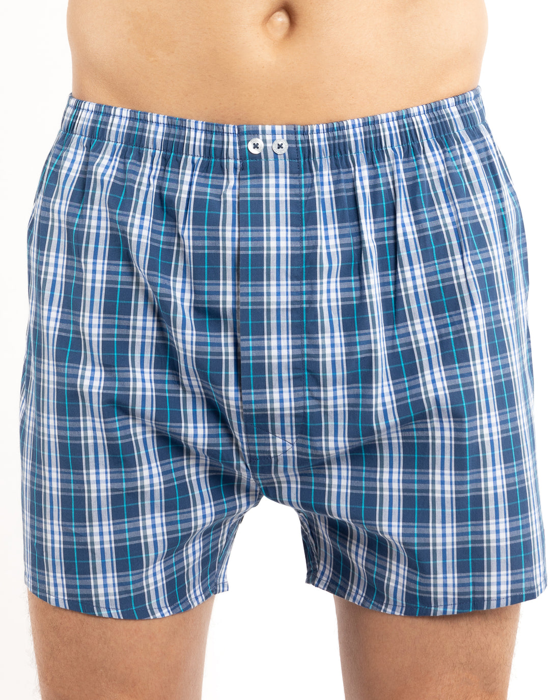 Navy Blue Plaid Check Pure Cotton Poplin Boxer Shorts