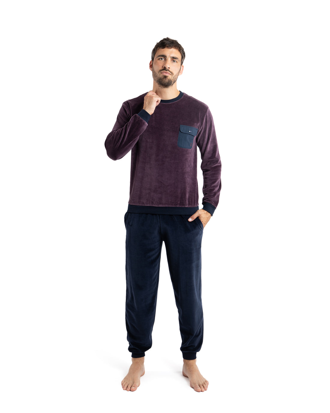 Pyjama Long jogging en velours bordeaux F401