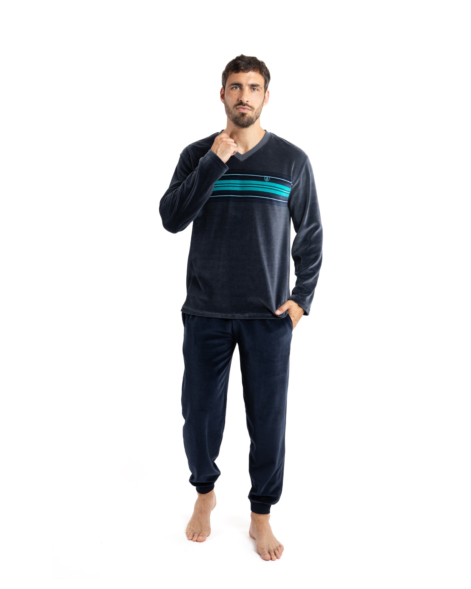 Pyjama homme col V en VELOURS Anthracite F403