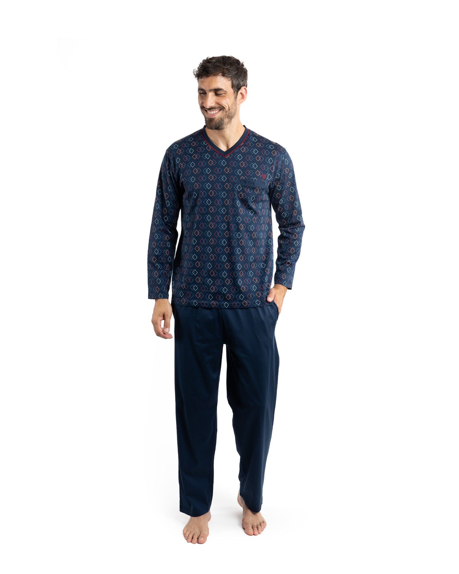 Pyjama Col V en Jersey de Coton Mercerisé Imprimé Marine F406