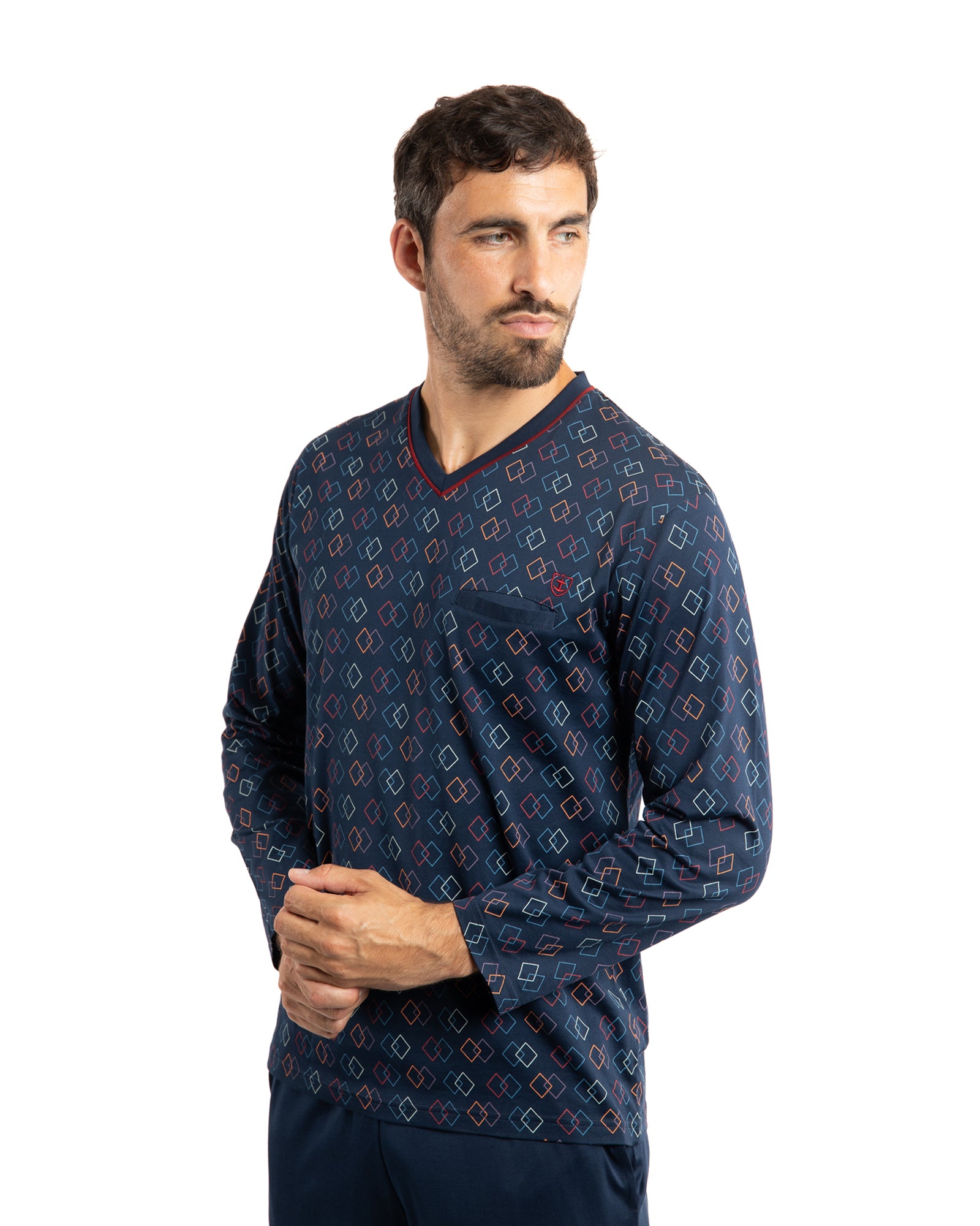 Pyjama Col V en Jersey de Coton Mercerisé Imprimé Marine F406