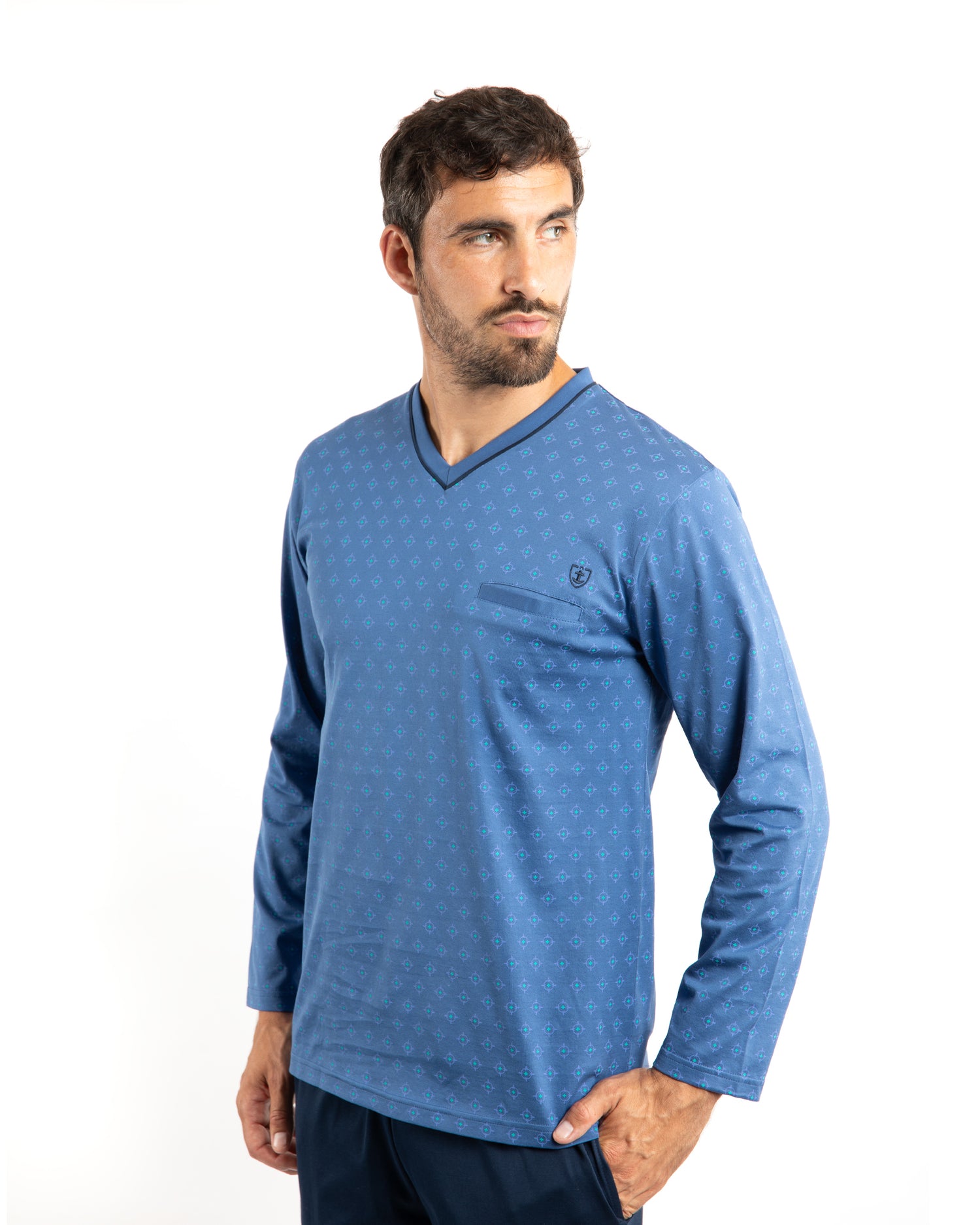 Pyjama homme encolure V en Coton Mercerisé Imprimé Bleu F407