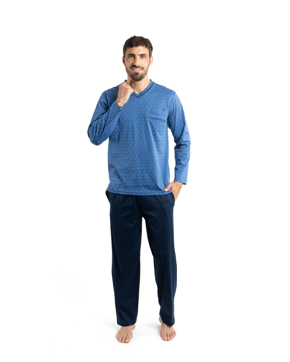 Pyjama homme encolure V en Coton Mercerisé Imprimé Bleu F407