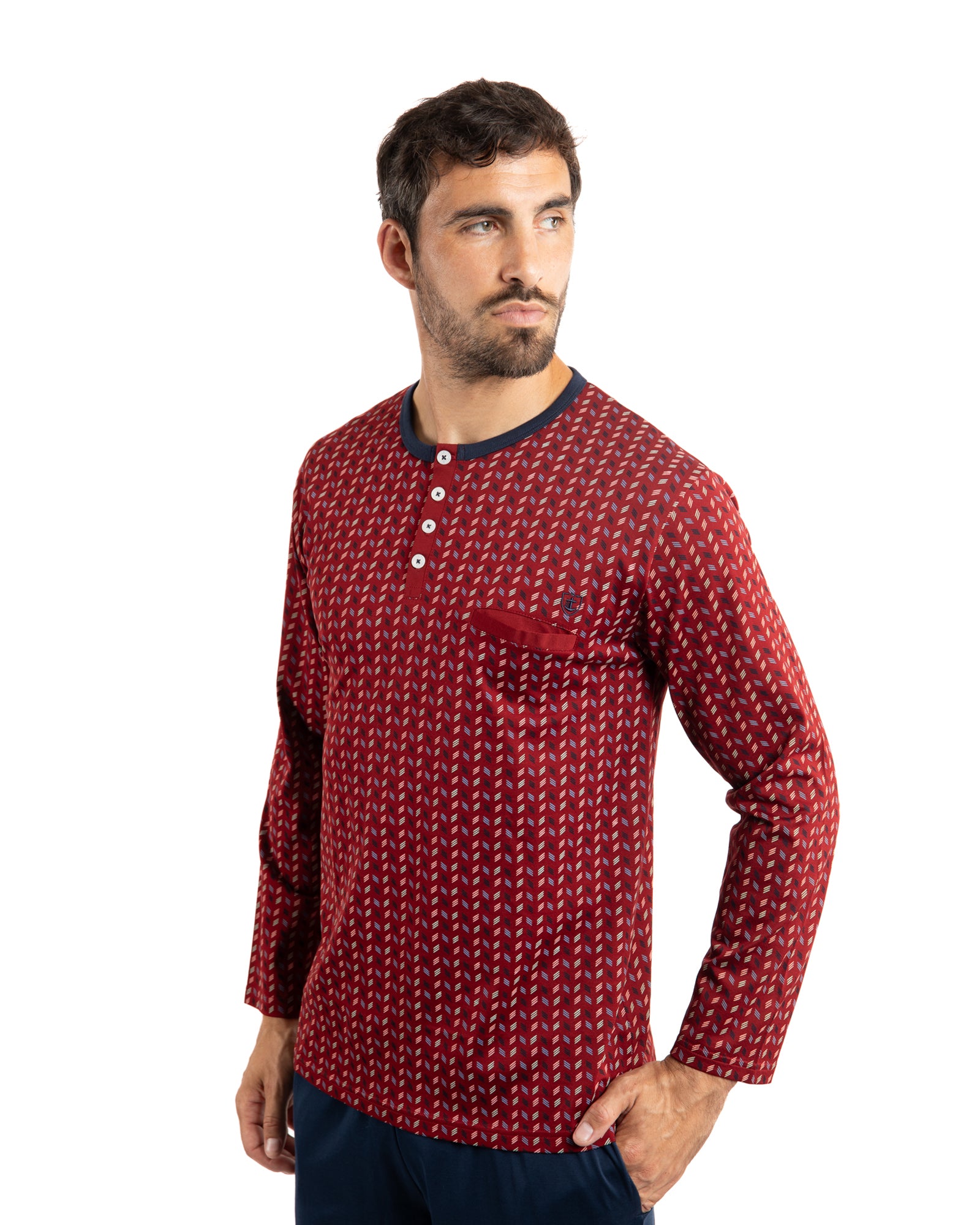 Pyjama long pour homme Col Boutonné en Jersey Mercerisé Imprimé Bordeaux F409