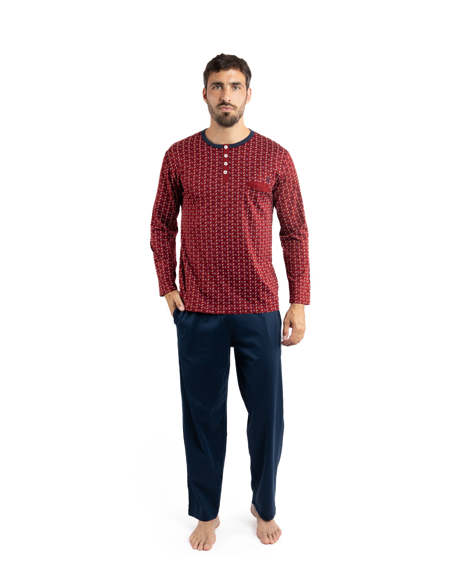 Pyjama long pour homme Col Boutonné en Jersey Mercerisé Imprimé Bordeaux F409