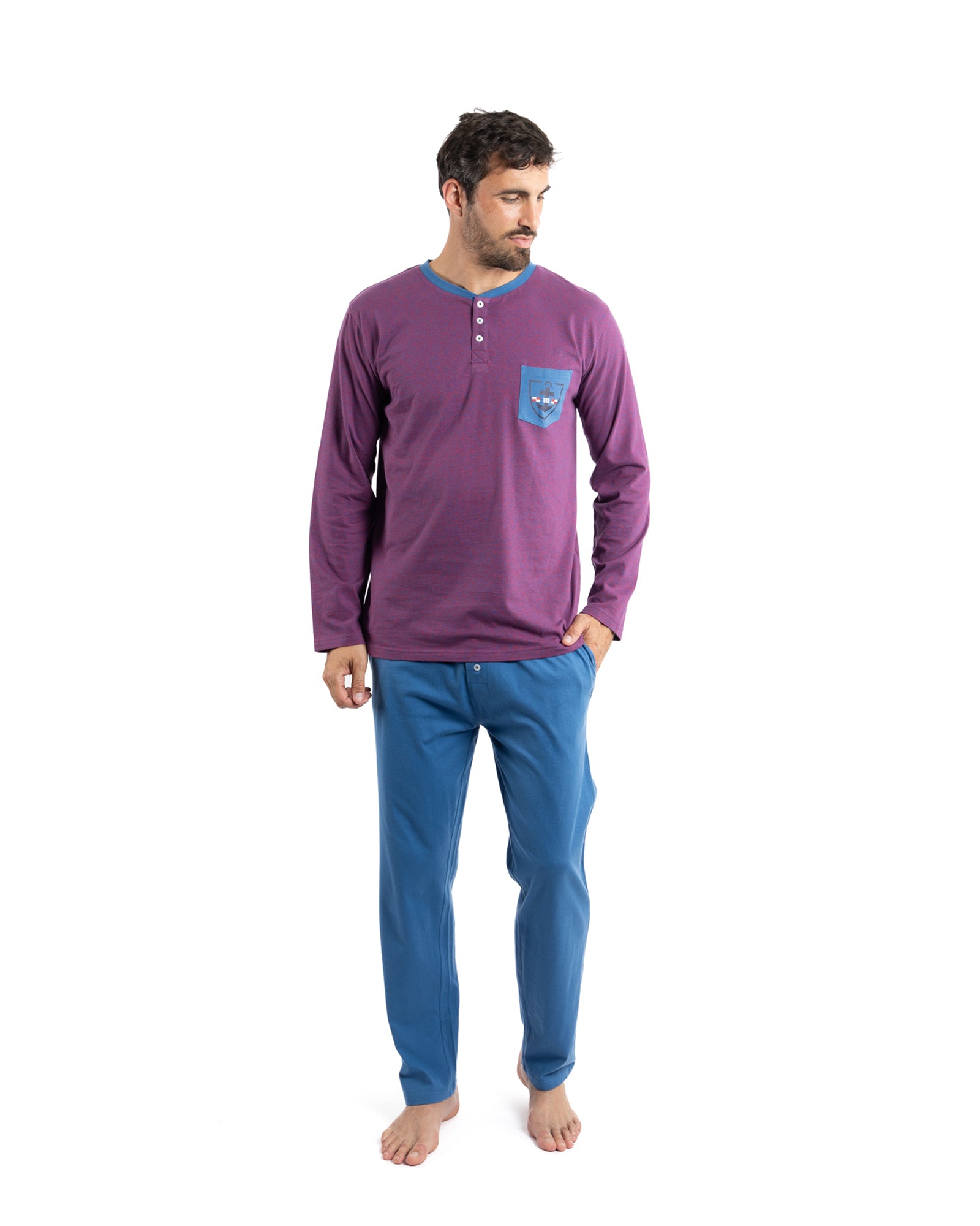 Pyjama homme Col boutonné en Jersey de coton Bleu et Bordeaux F481