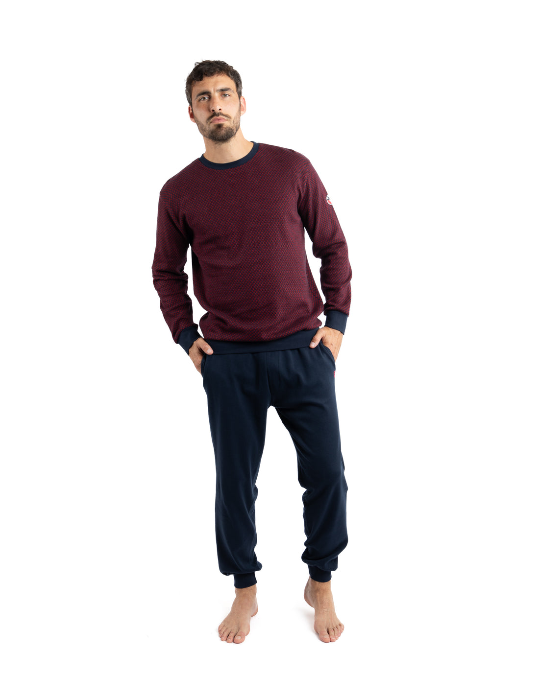 Round Neck Pajamas in Navy Piqué Knit Cotton Jersey