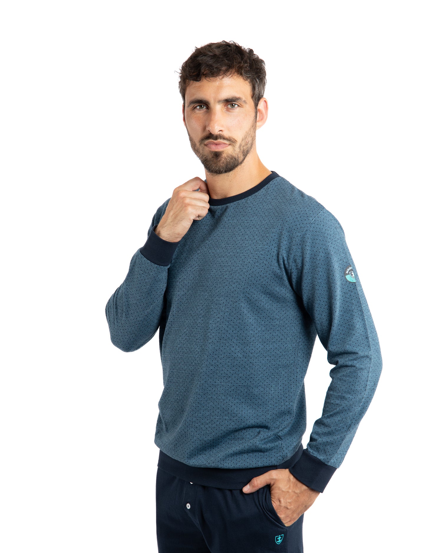 Pyjama homme Col rond maille jacquard en coton Marine F487