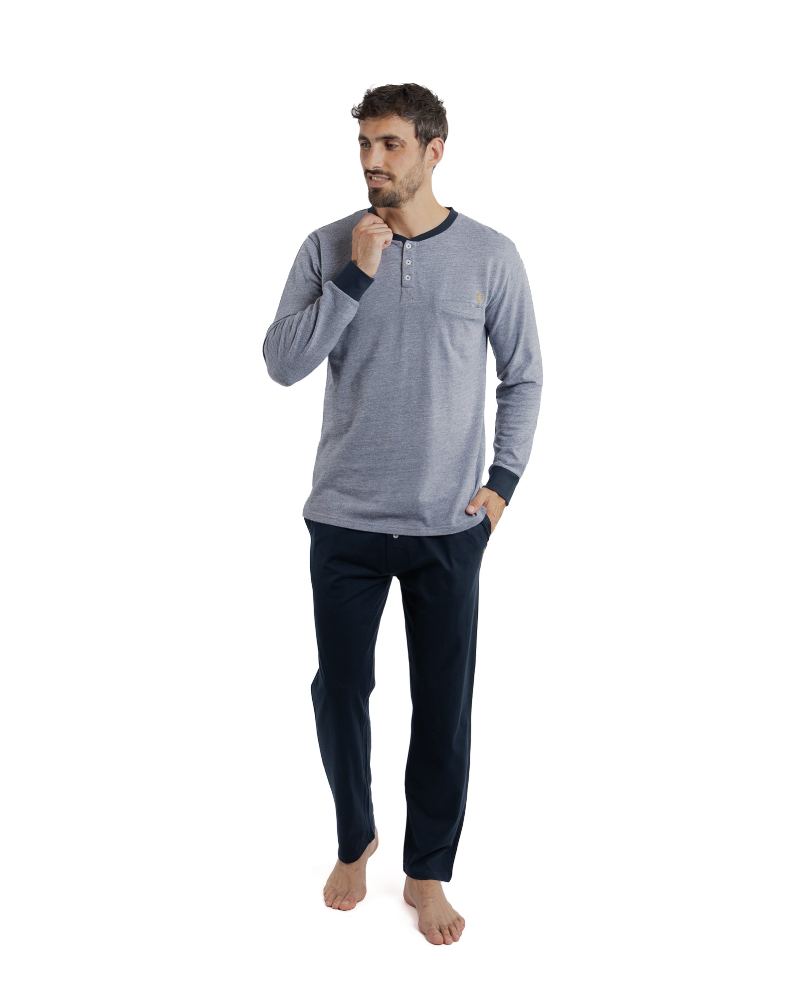 Pyjama Long Col Boutonné en maille Piqué et jersey marine F488