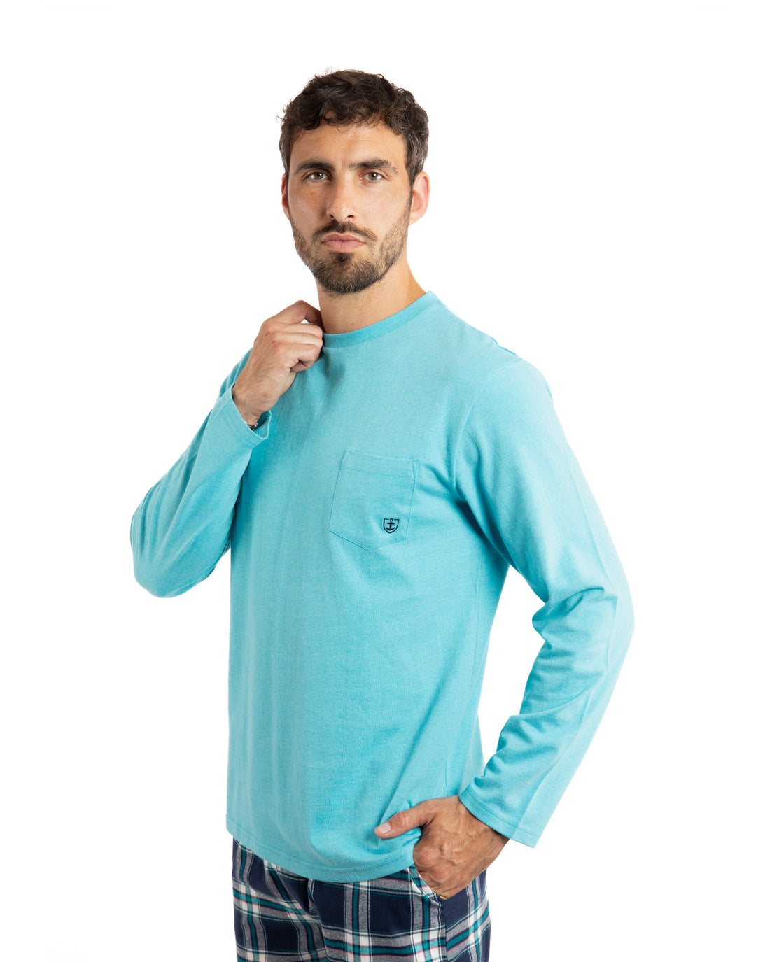 Pyjama Long bi-matière chaud en jersey de coton et flanelle turquoise F490