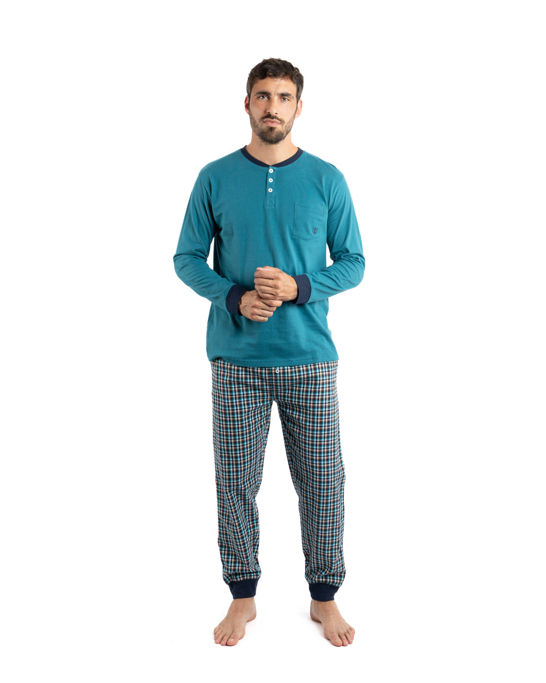 Pyjama Long col boutonné en jersey pur coton bleu pétrole et flanelle F491