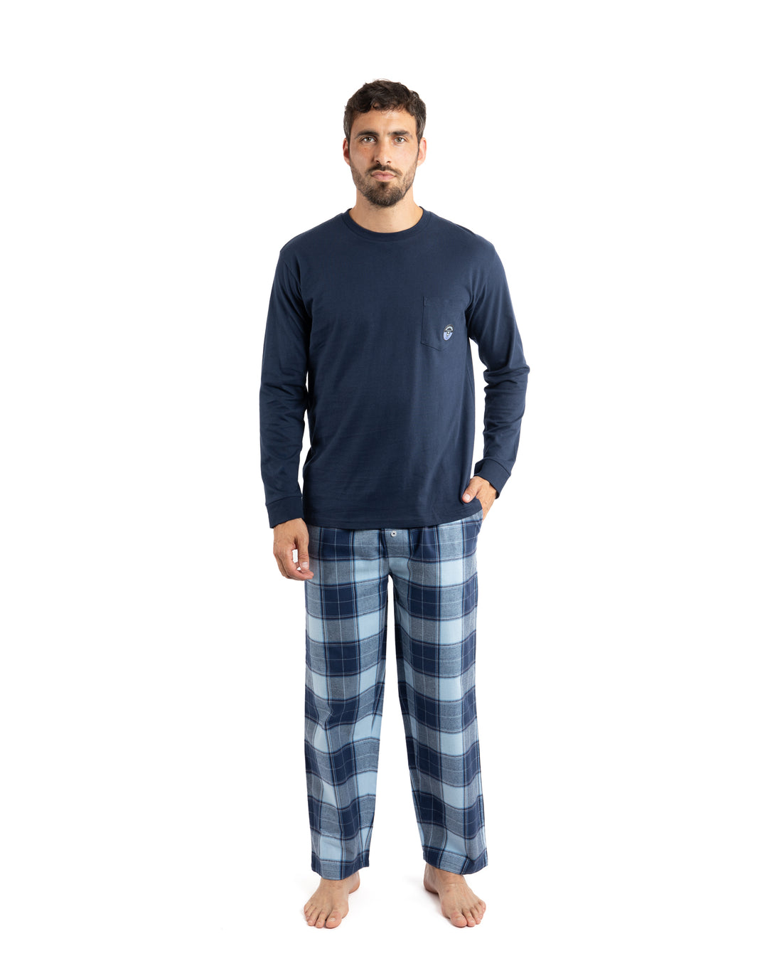 Pyjama Long col rond homme bi-matière en jersey et flanelle marine F492