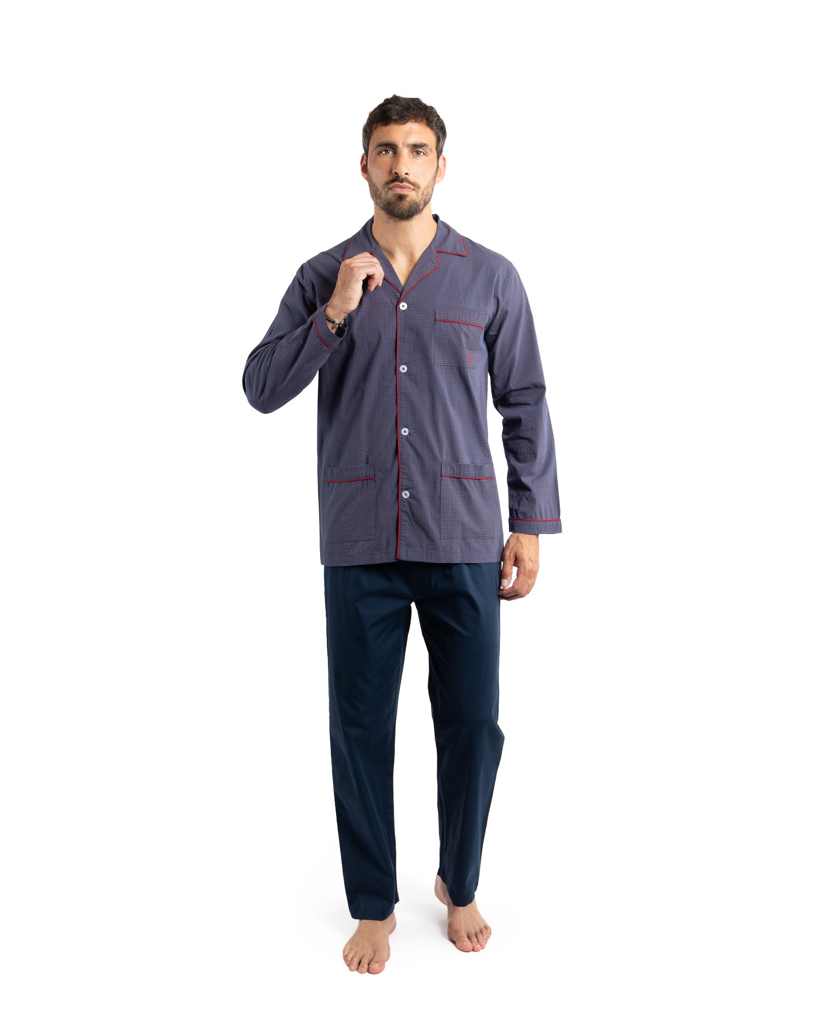 Pyjama Long Ouvert en popeline Coton imprimé Marine F497