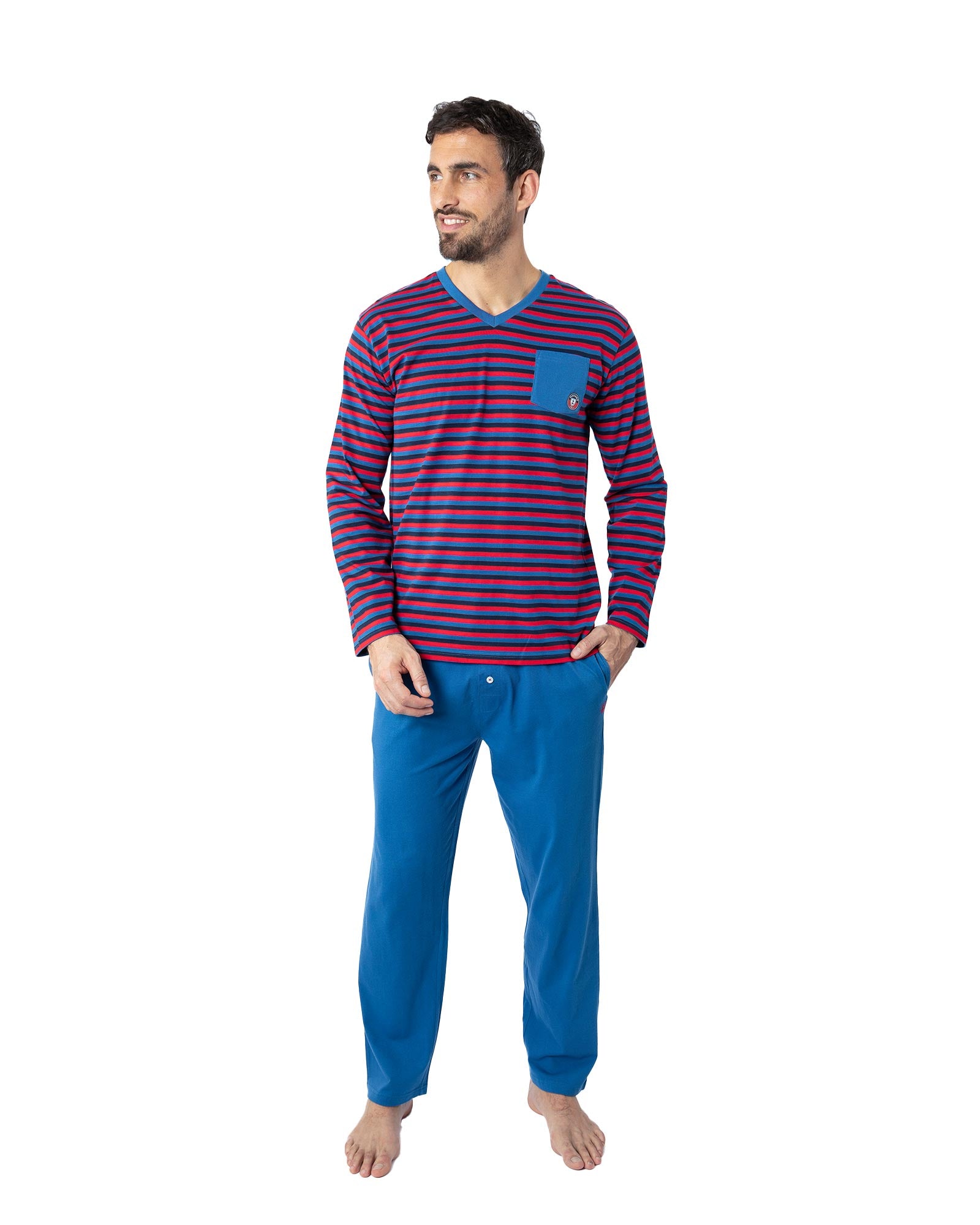 Pyjama long pour homme Col V en Jersey Pur Coton rayé Indigo G441