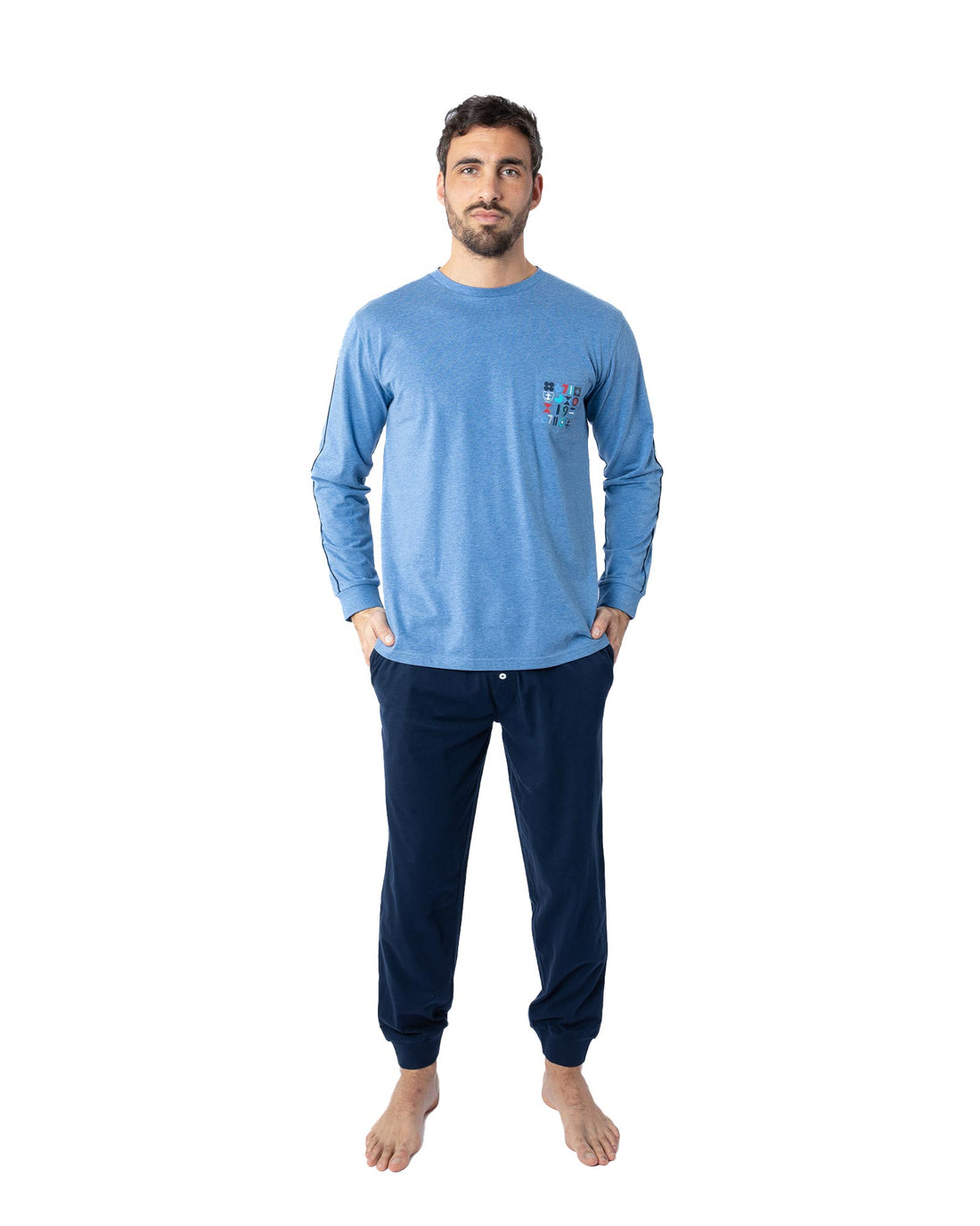 Pyjama long homme encolure Ronde en Jersey de Coton peigné Bleu chiné G442