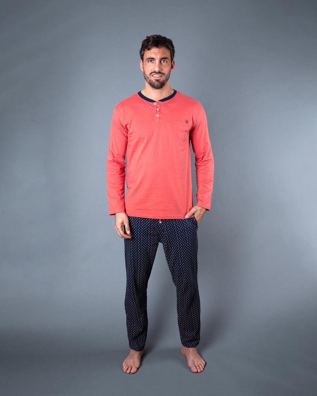 Pyjama Long Homme Col Boutonné en jersey de coton peigné orange et marine G445