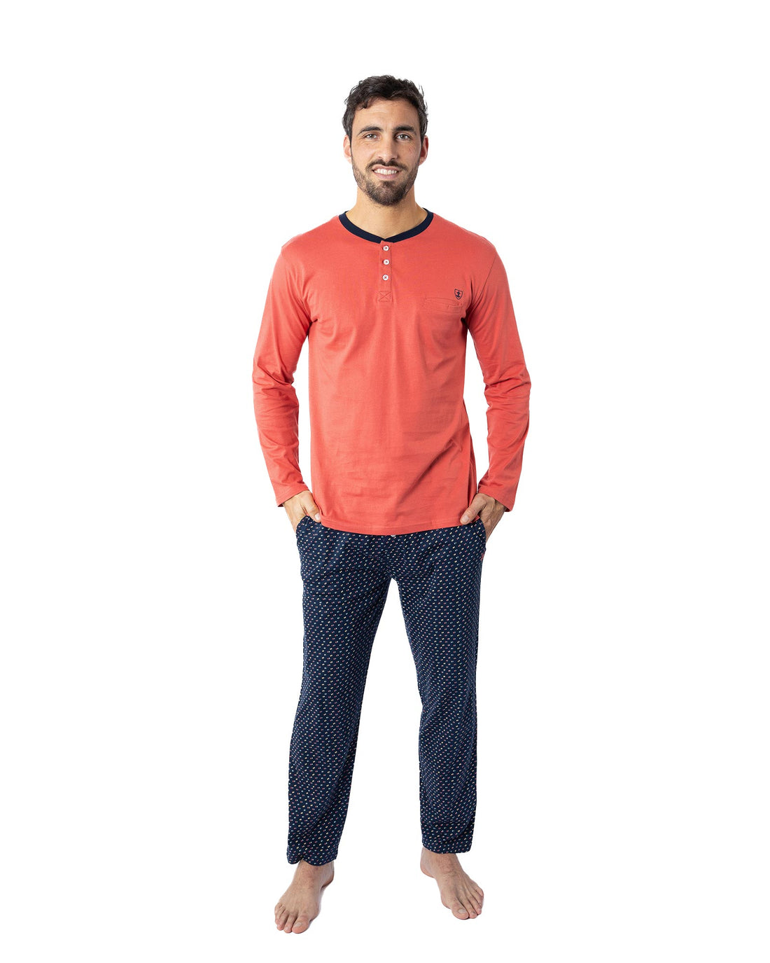 Pyjama Long Homme Col Boutonné en jersey de coton peigné orange et marine G445