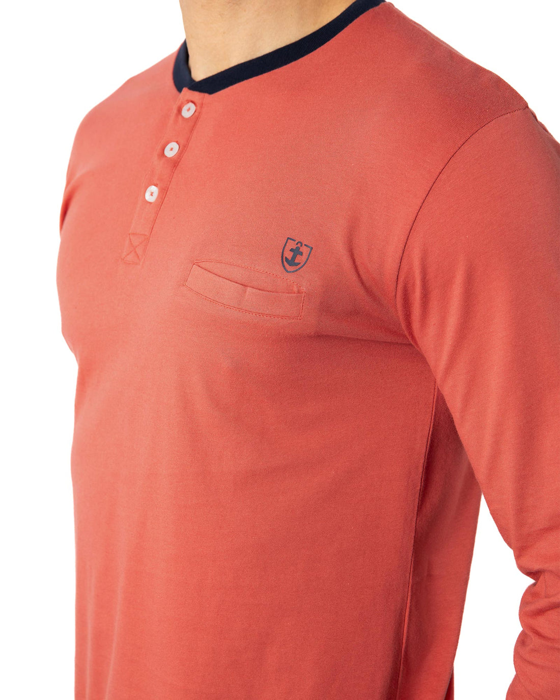 Pyjama Long Homme Col Boutonné en jersey de coton peigné orange et marine G445