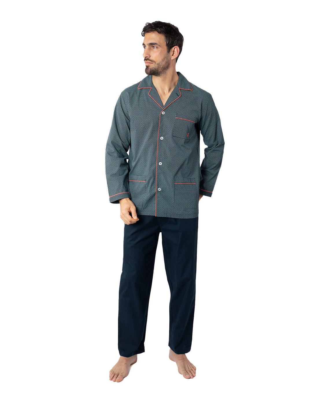 Pyjama Long Ouvert en popeline Imprimée de Coton Peigné MARINE G448