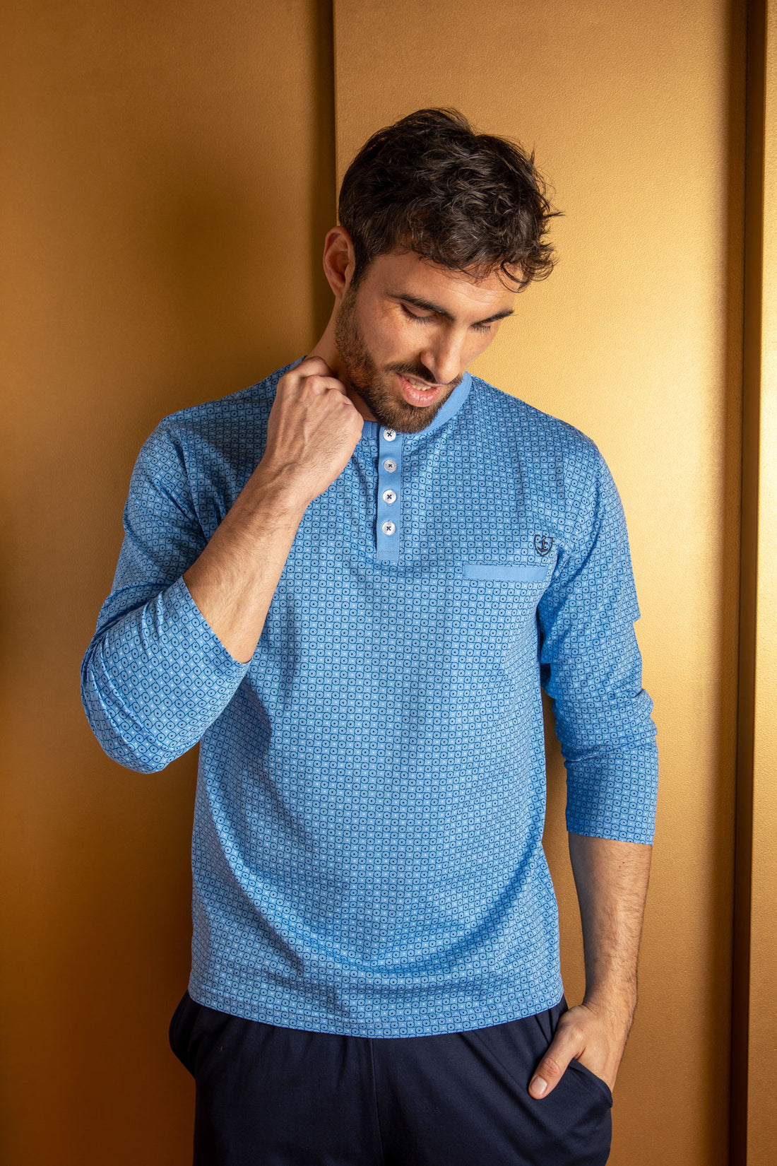 Pyjama long Col Boutonné pour homme en Jersey Mercerisé Imprimé Bleu G450