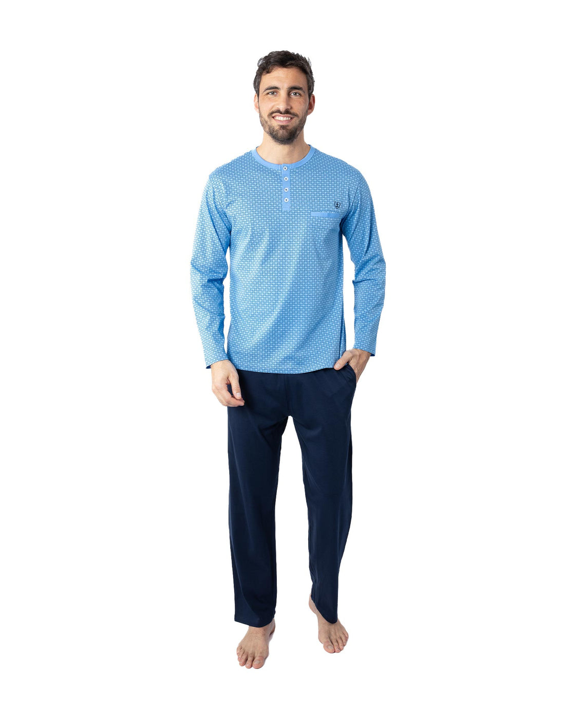 Pyjama long Col Boutonné pour homme en Jersey Mercerisé Imprimé Bleu G450