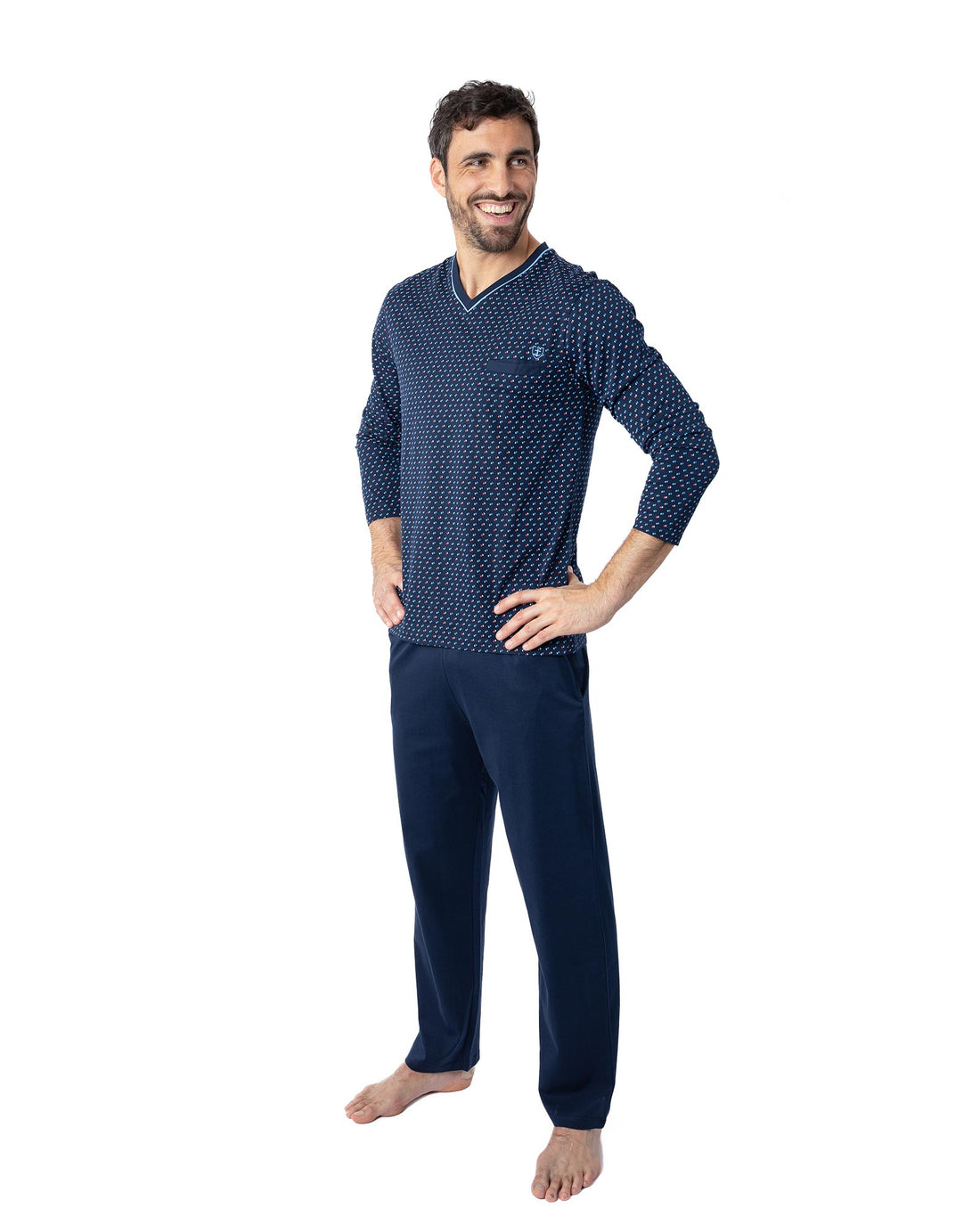 Pyjama long encolure V en Jersey de Coton Mercerisé Imprimé Marine G451