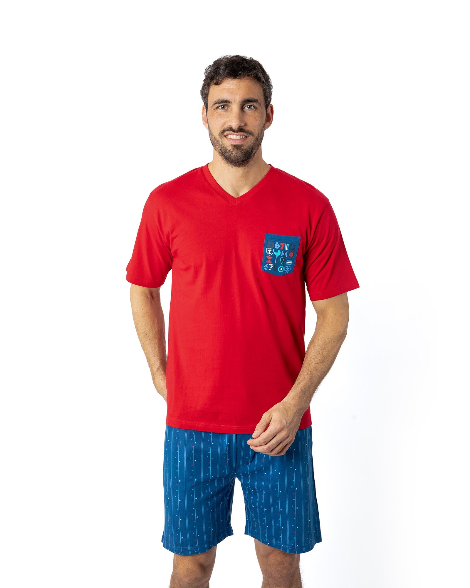 Pyjama short Homme encolure V en jersey de coton uni et imprimé Rouge G574