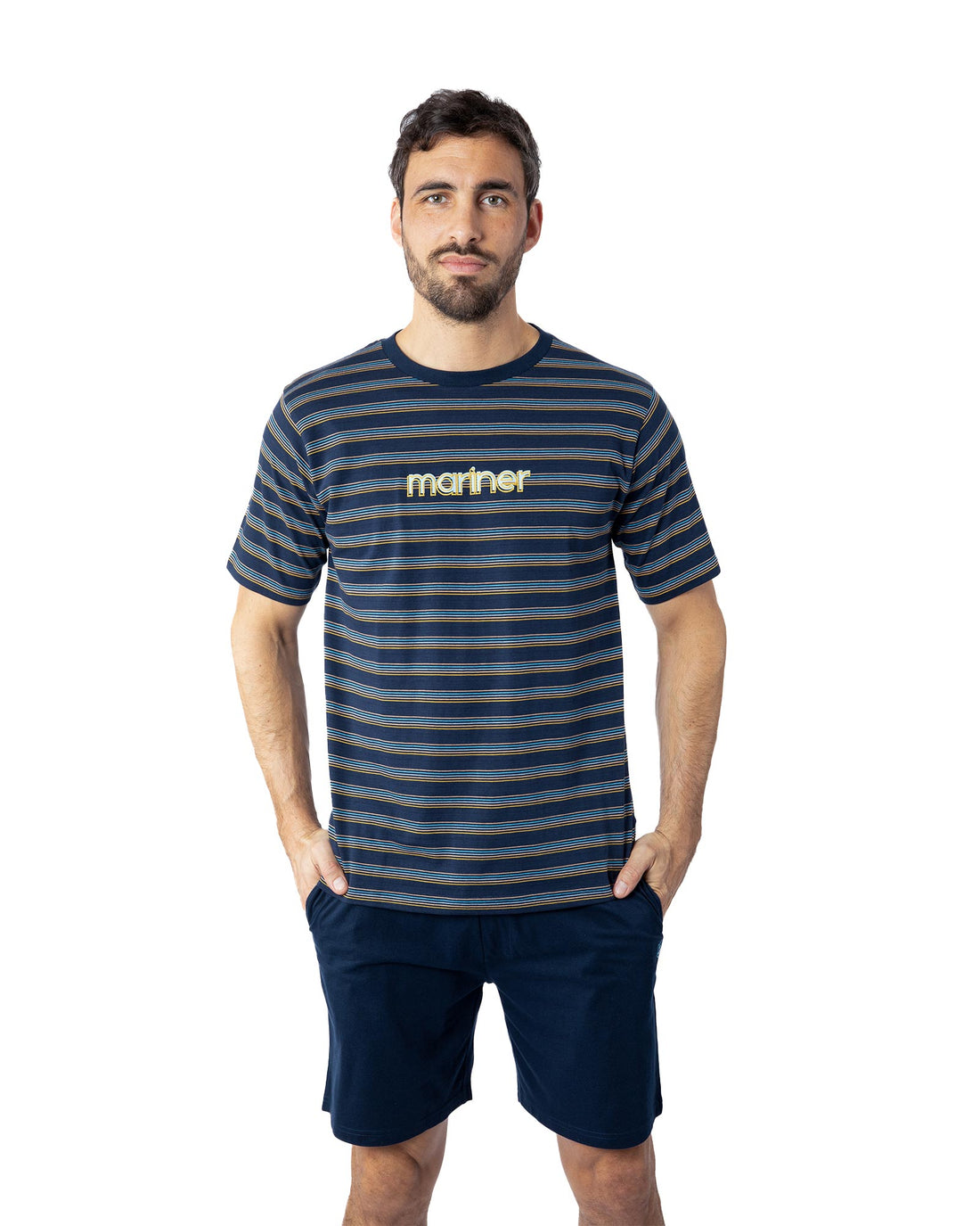 Pyjama court Homme col rond en jersey de coton rayé Marine G578