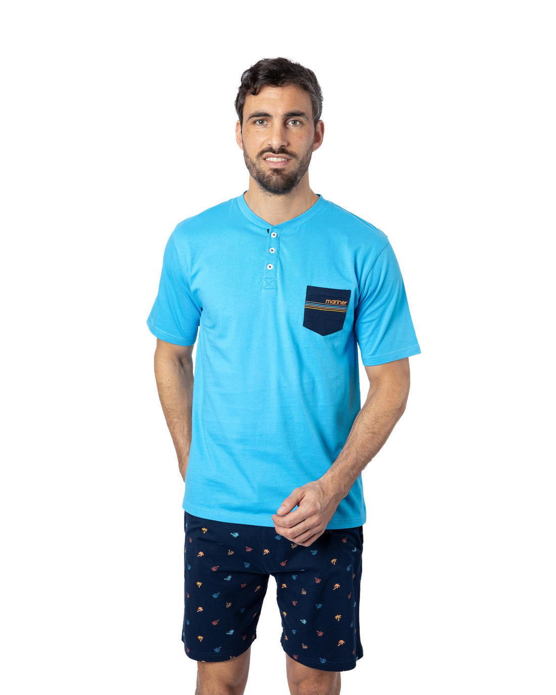 Pyjama short pour Homme encolure boutonnée en jersey de coton Bleu Azur G579