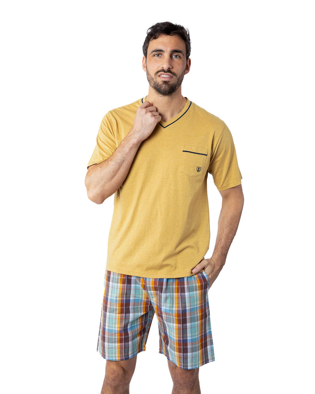 Pyjashort Homme col V en jersey de coton et popeline à carreaux Jaune G588