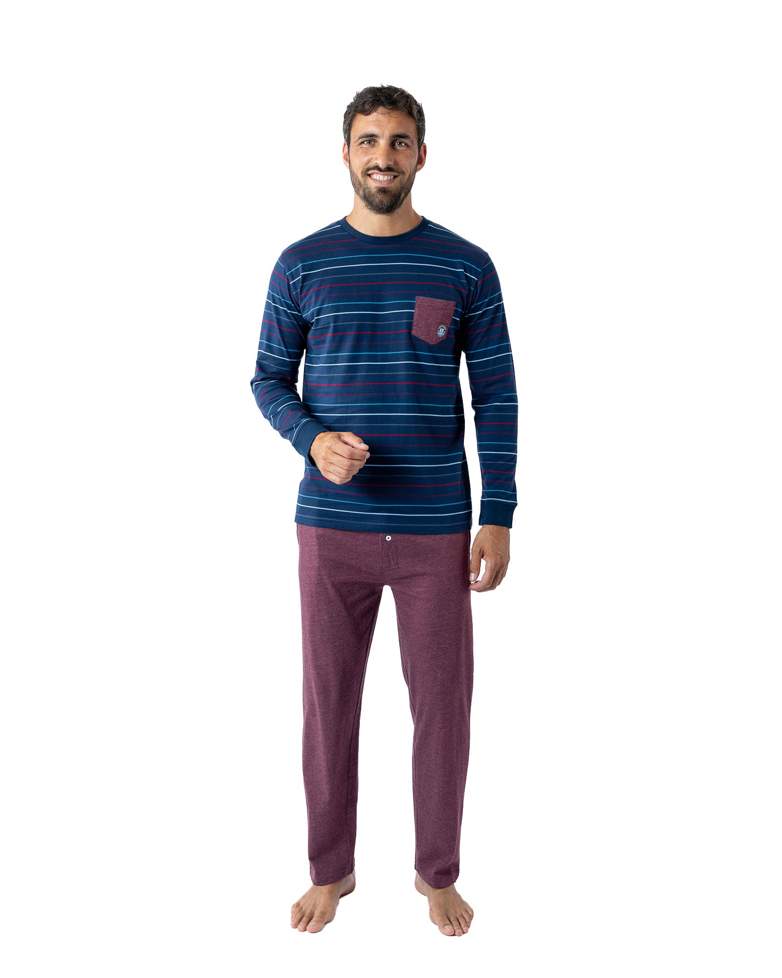 Pyjama homme long Col rond en Jersey Pur Coton rayé Marine H411
