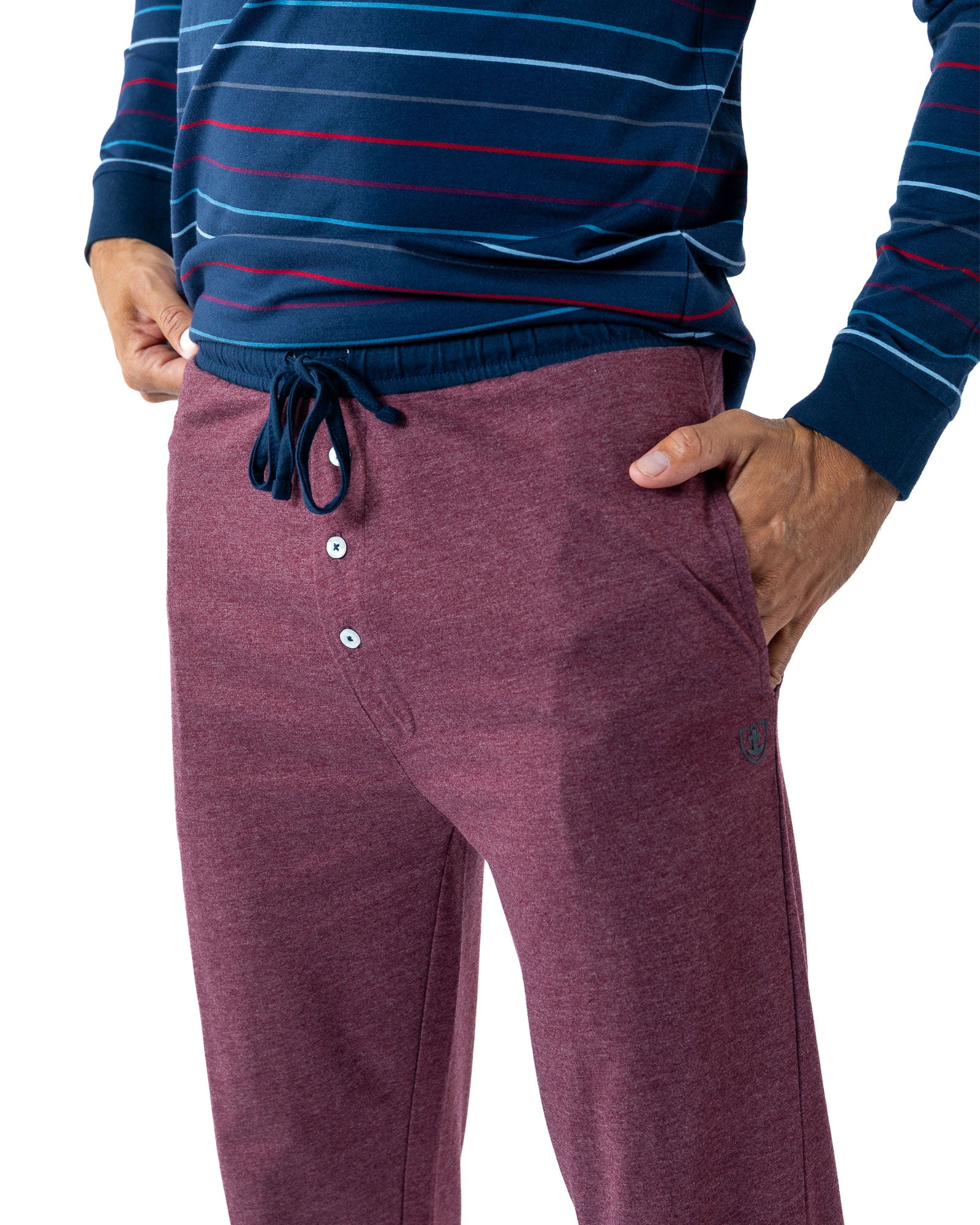 Pyjama homme long Col rond en Jersey Pur Coton rayé Marine H411