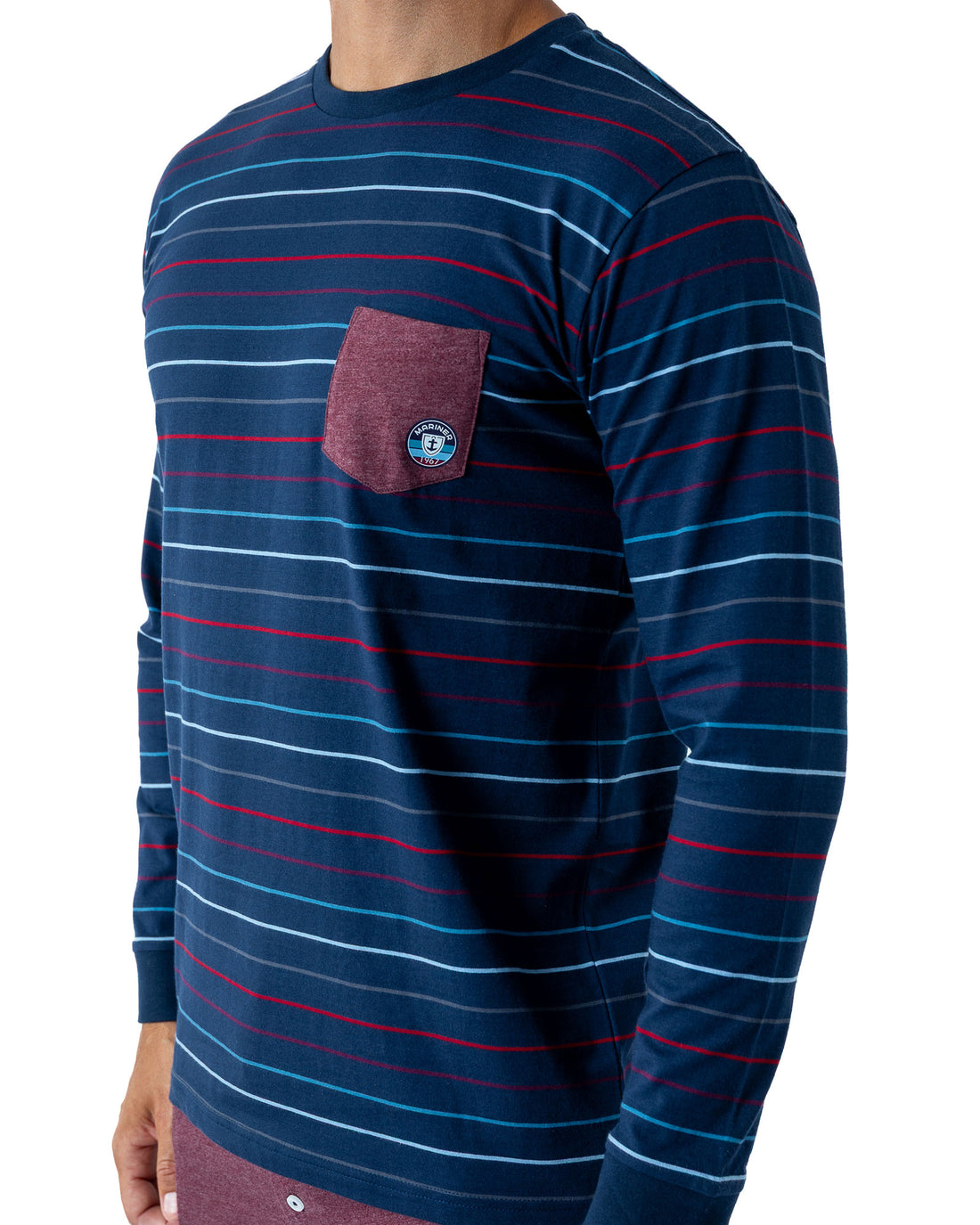 Pyjama homme long Col rond en Jersey Pur Coton rayé Marine H411