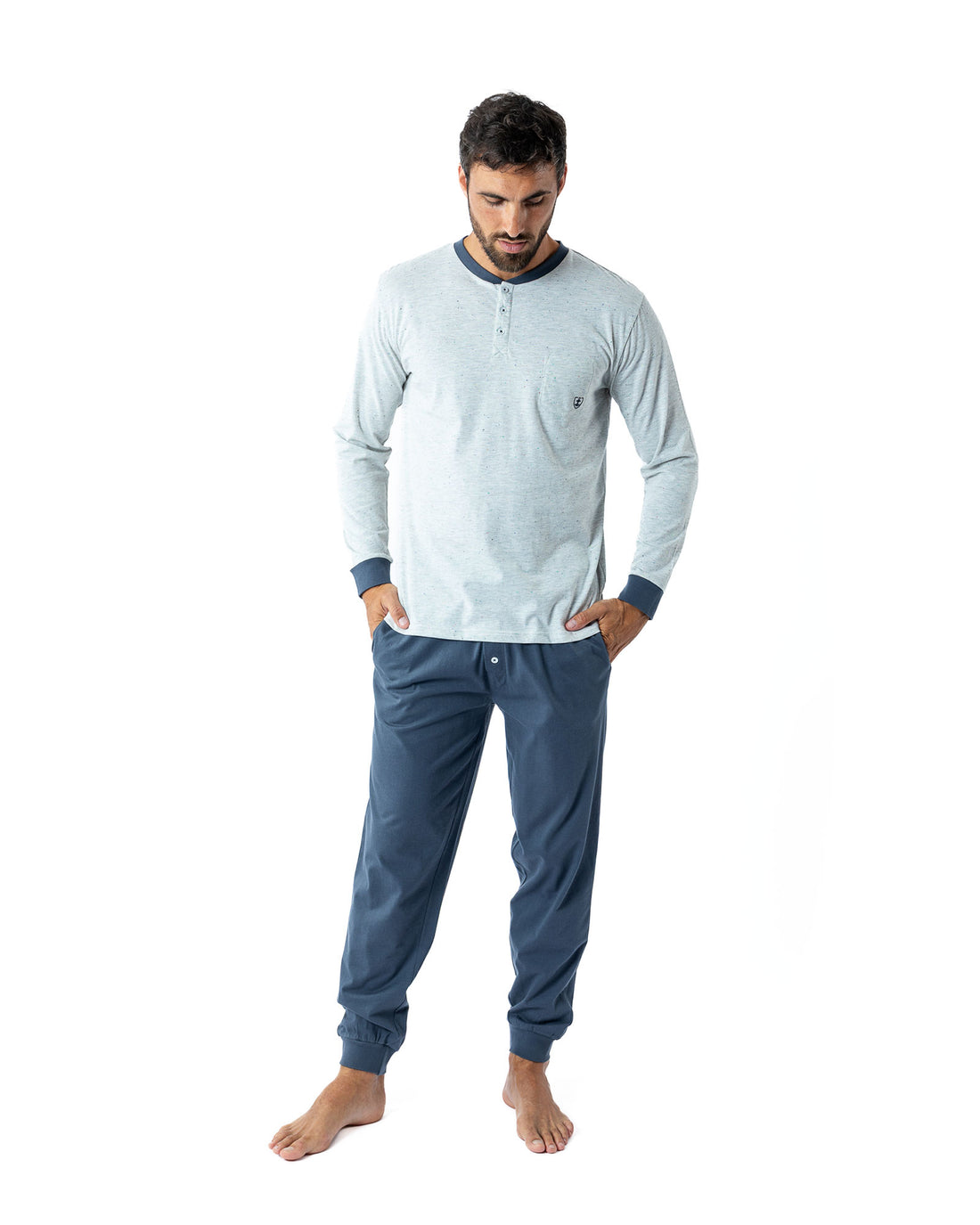 Pyjama homme Col boutonné en Jersey de coton écru chiné et anthracite H415