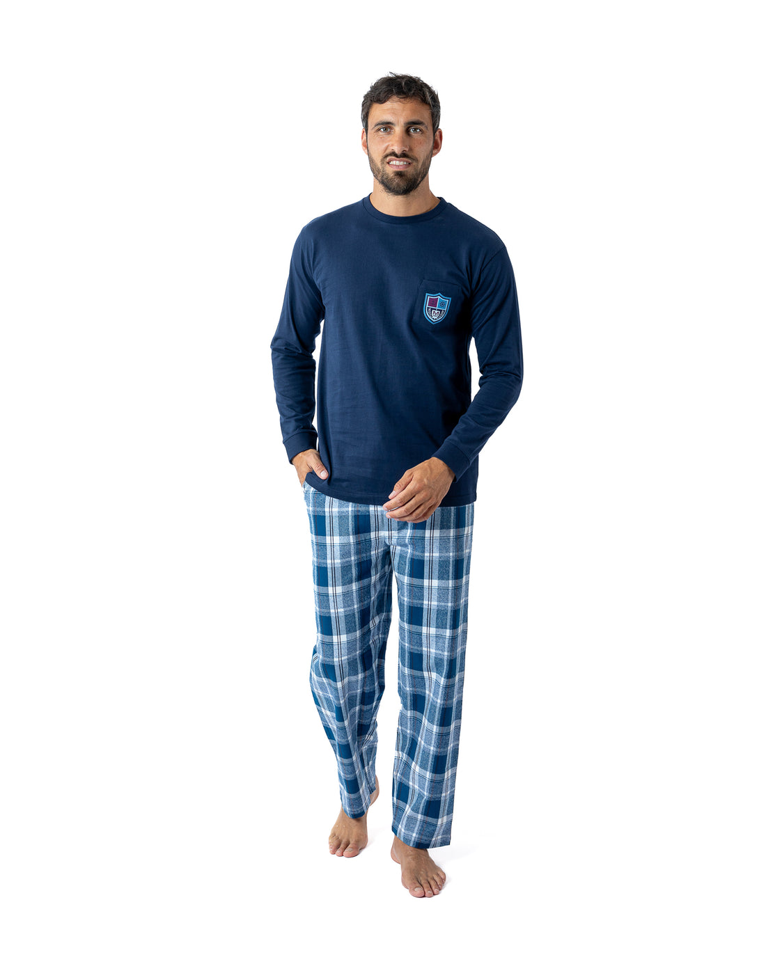 Pyjama Long bi-matière chaud en jersey de coton et flanelle marine H418