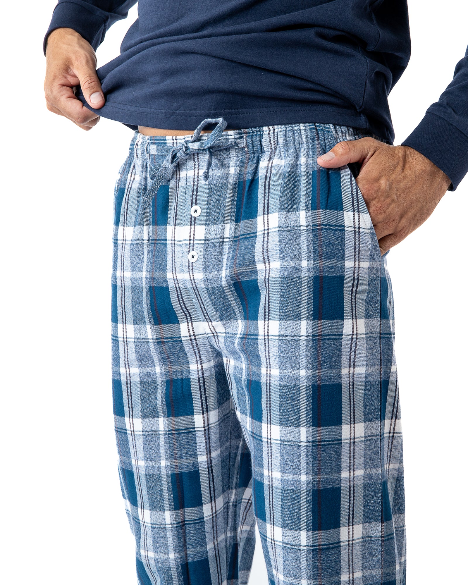 Pyjama Long bi-matière chaud en jersey de coton et flanelle marine H418