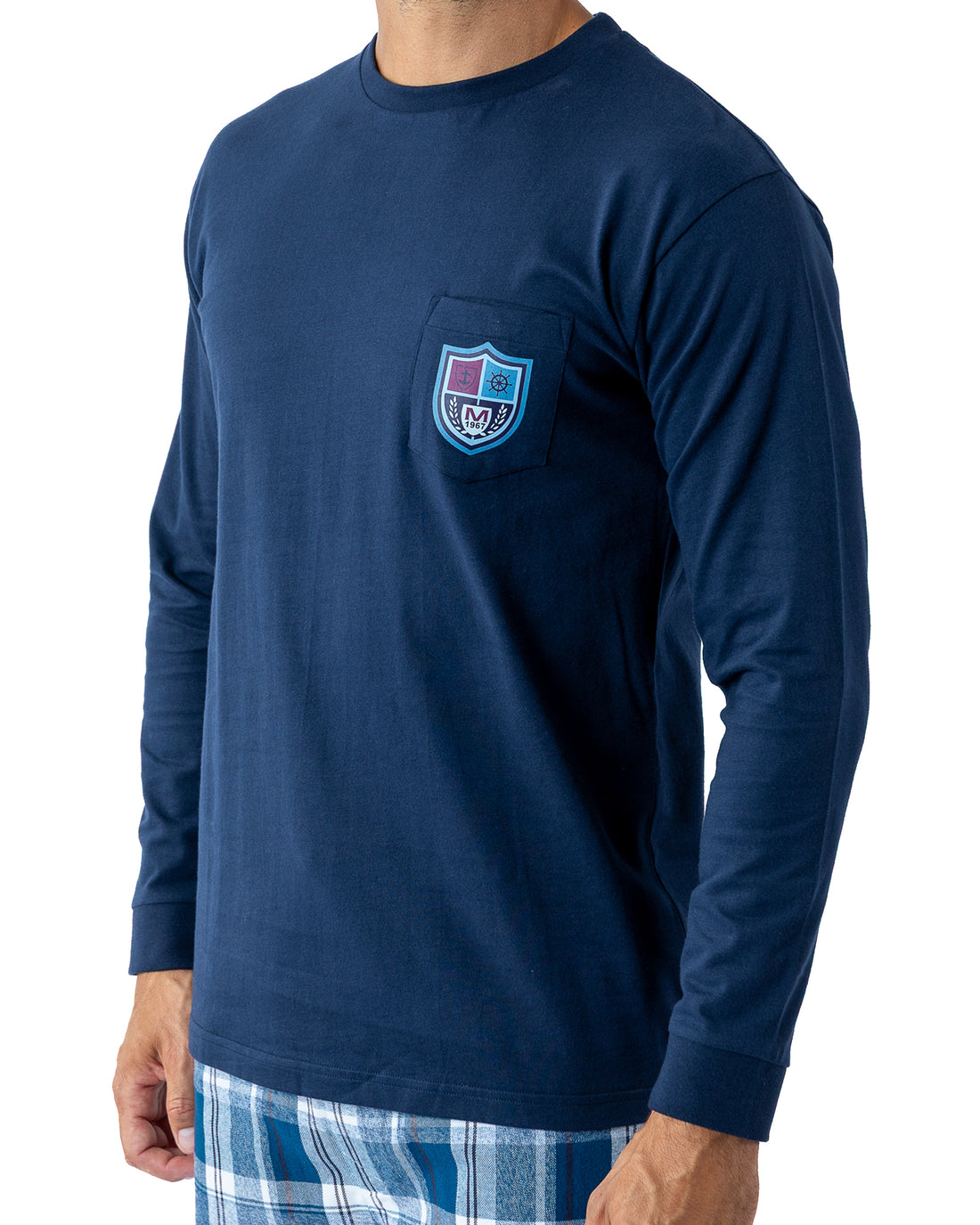 Pyjama Long bi-matière chaud en jersey de coton et flanelle marine H418
