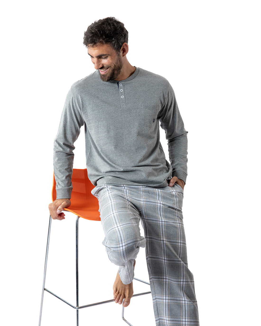 Pyjama Long col boutonné en jersey de coton anthracite chiné et flanelle H420